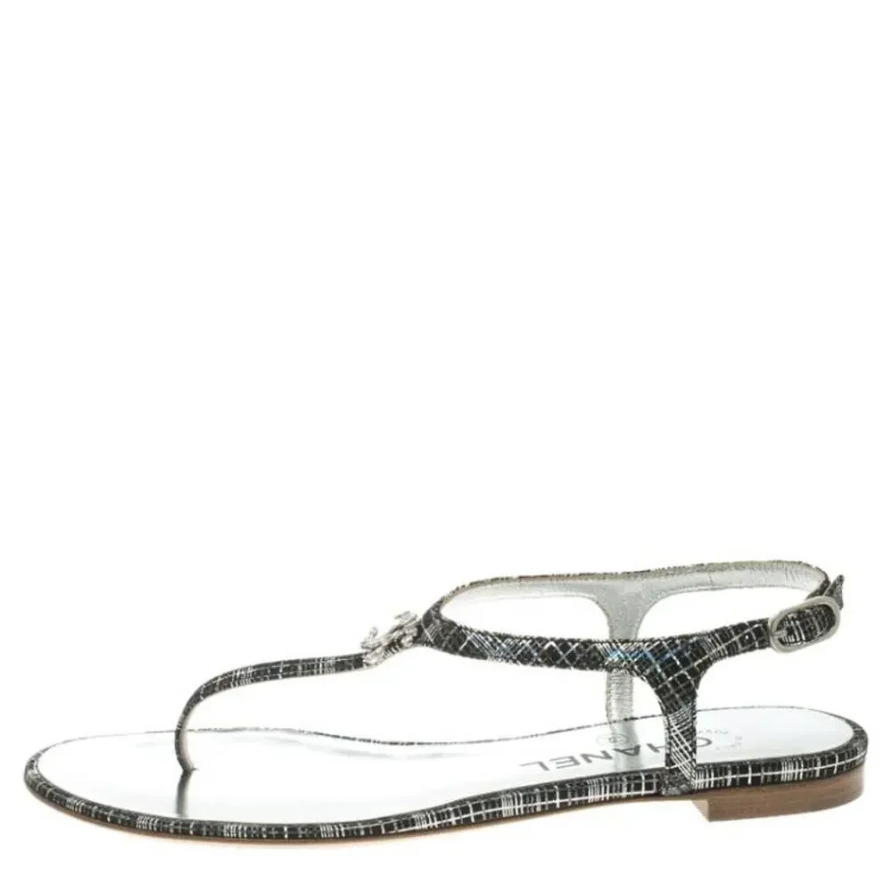 CHANEL Black Metallic Tweed Crystal CC Ankle T Strap Thong Flat Sandals 37.5